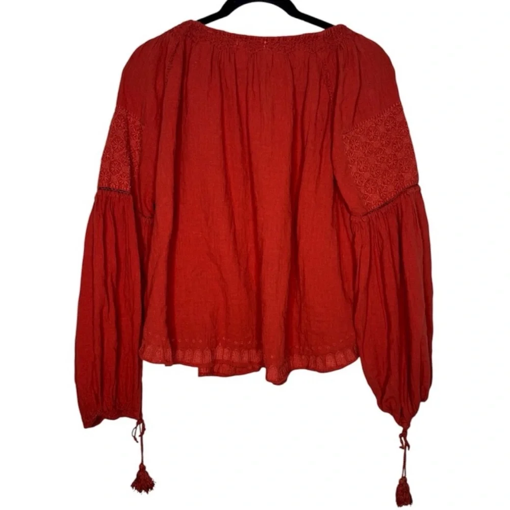 DOEN Source Embroidered Floral Blouse Relaxed Peasant Long Sleeve Top Rust Red